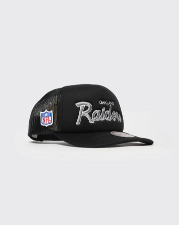 Black Mitchell and Ness Classic Script Trucker Raiders mitchell and ness cap