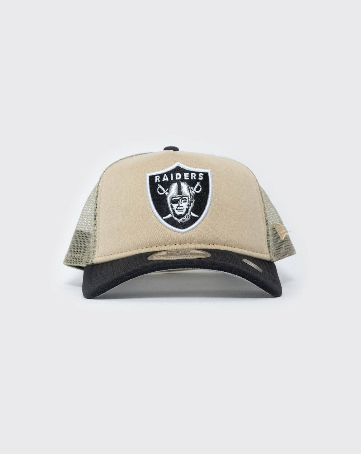 tan/black new era 940 aframe las vegas raiders trucker new era cap