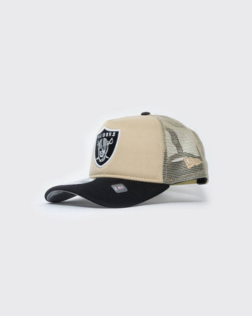 tan/black new era 940 aframe las vegas raiders trucker new era cap