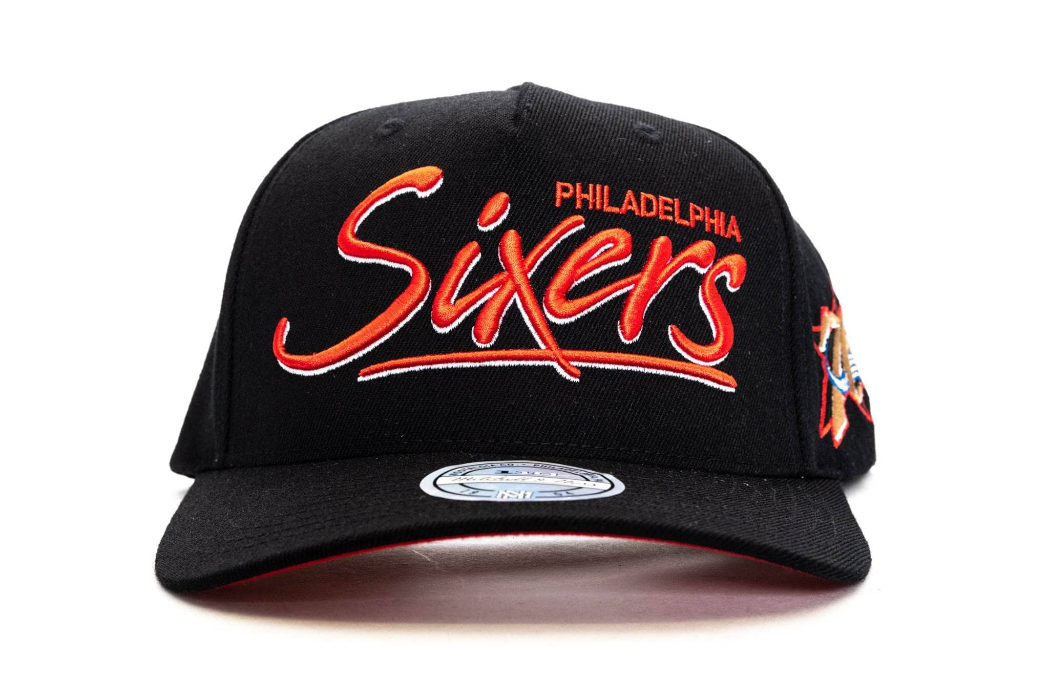 Black mitchell and ness mop script pinch panel philadelphia 76ers mitchell & ness cap